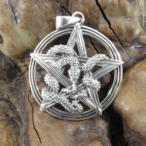 Solid 925 Sterling Silver Ouroboros Snake Pentacle Pendant, Serpent Pentagram